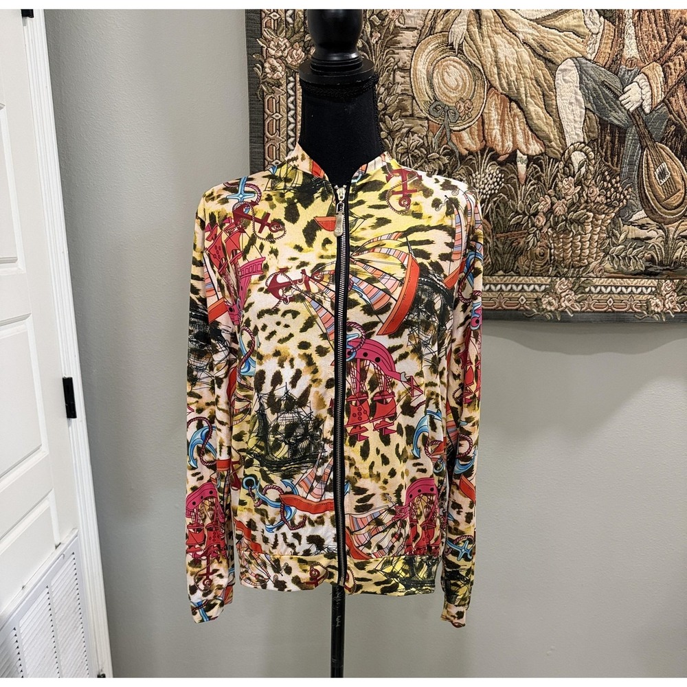 OLLY Z Jacket‎ Womens Large Multicolor Nautical Leopard Zip Designed Italy